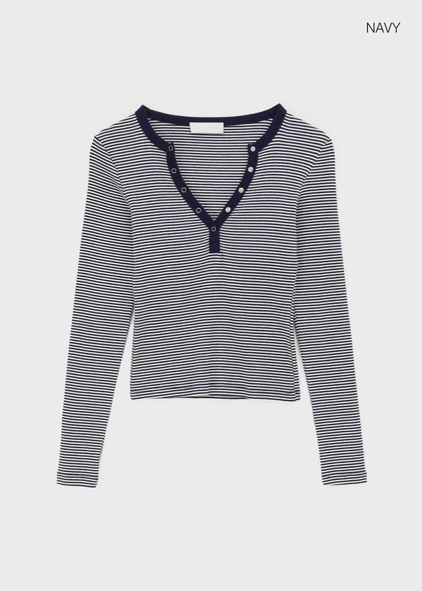 Keds Striped Henley Neck Long Sleeve Tee
