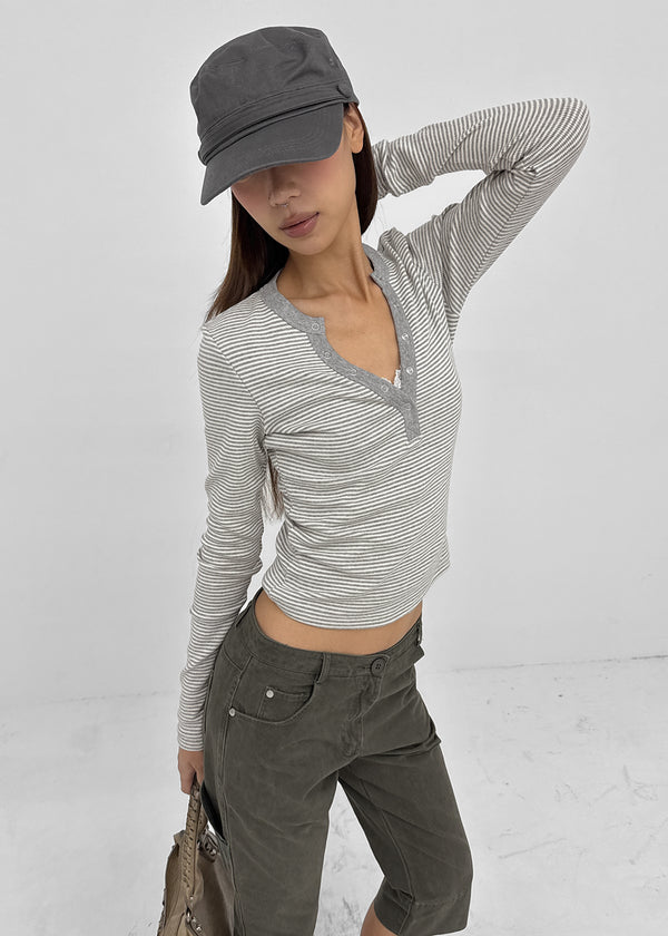 Keds Striped Henley Neck Long Sleeve Tee