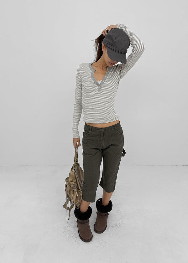 Keds Striped Henley Neck Long Sleeve Tee