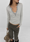 Keds Striped Henley Neck Long Sleeve Tee