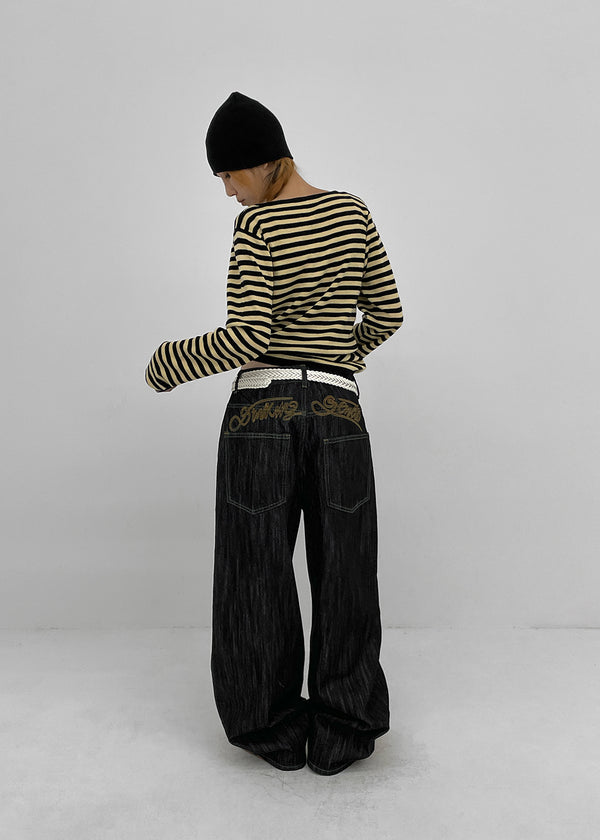 Rie Lettering Wide Raw Denim Pants