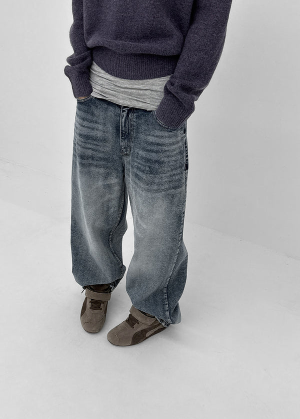 (UNISEX) Pichel Double Back Pocket Wide Denim Pants