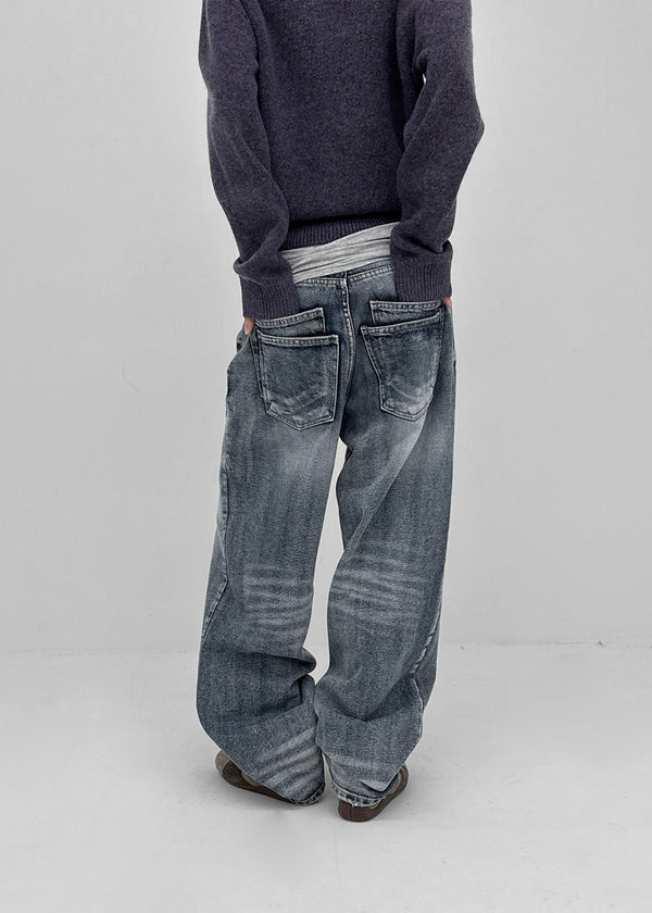 (UNISEX) Pichel Double Back Pocket Wide Denim Pants