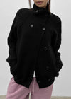 Double-button high-neck wool knit cardigan