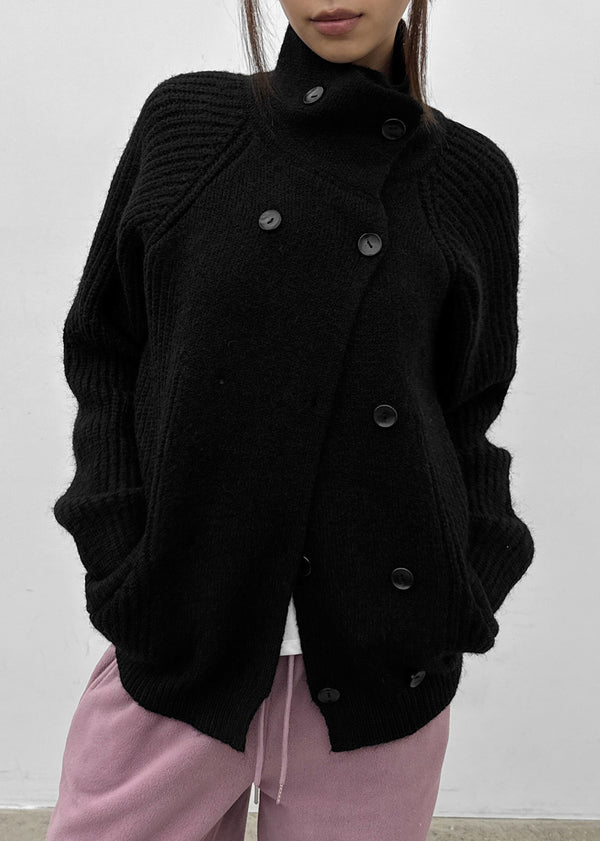Double-button high-neck wool knit cardigan