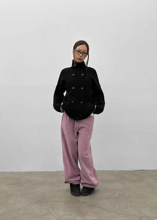 Double-button high-neck wool knit cardigan