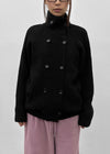 Double-button high-neck wool knit cardigan