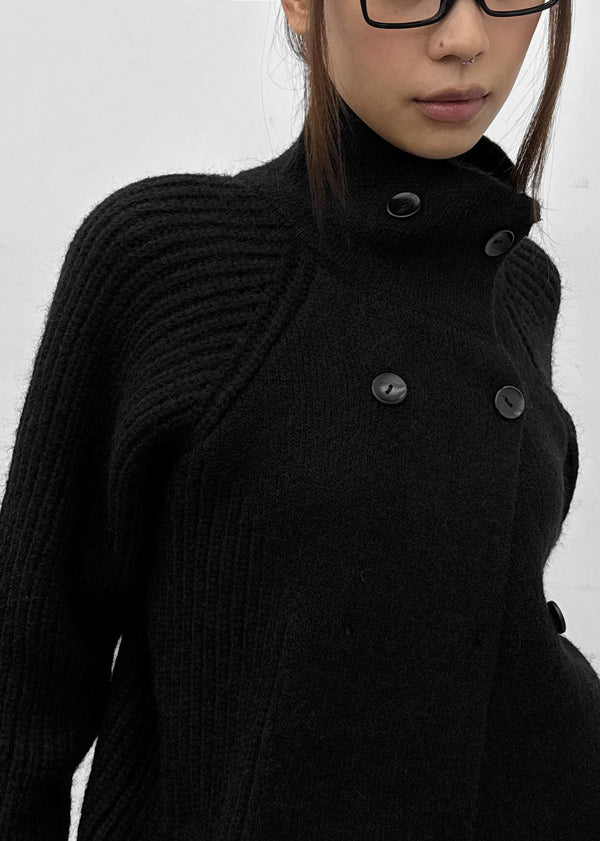 Double-button high-neck wool knit cardigan