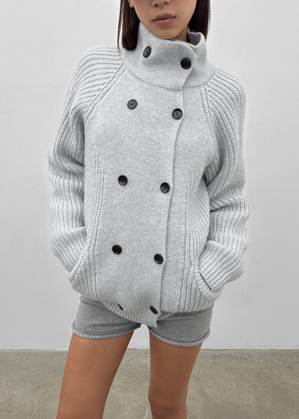 Double-button high-neck wool knit cardigan