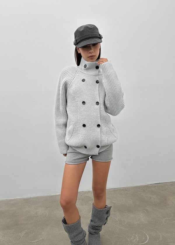 Double-button high-neck wool knit cardigan
