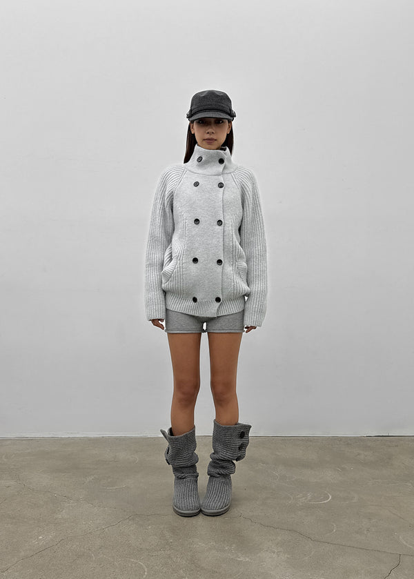 Double-button high-neck wool knit cardigan