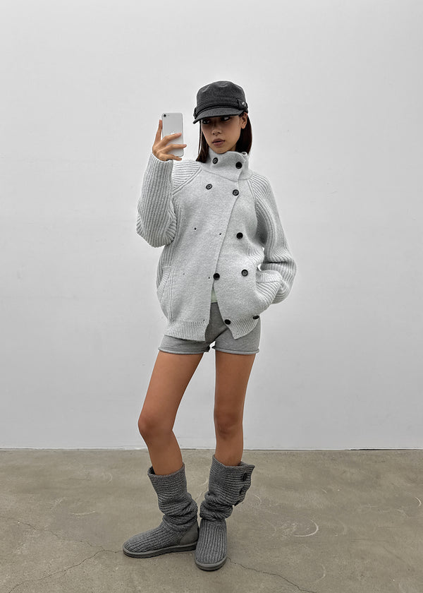 Double-button high-neck wool knit cardigan