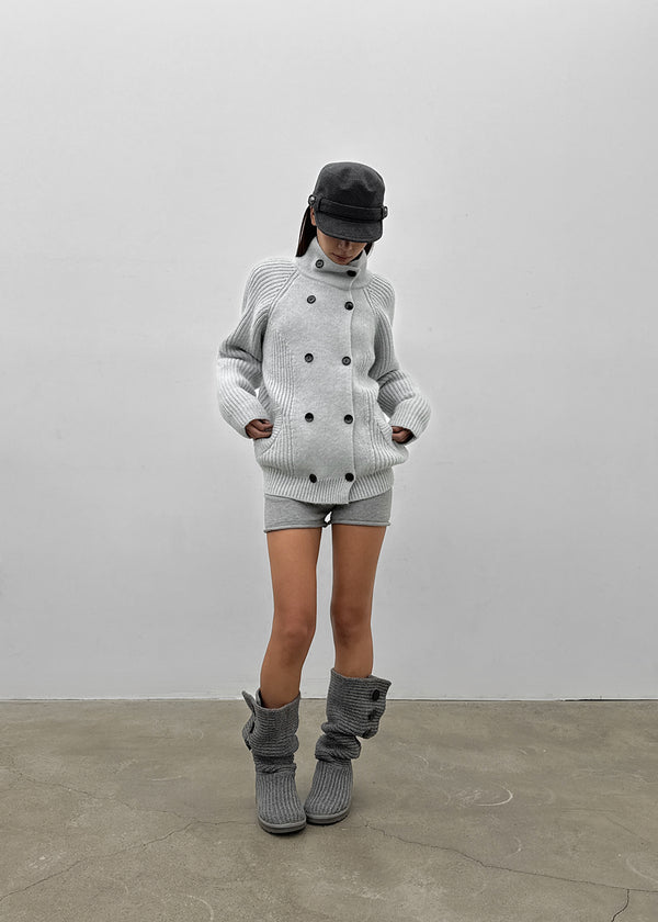 Double-button high-neck wool knit cardigan