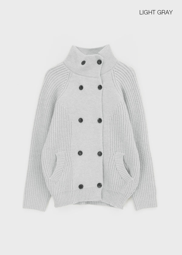 Double-button high-neck wool knit cardigan