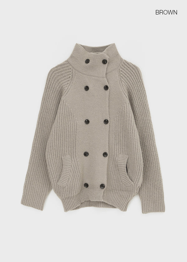 Double-button high-neck wool knit cardigan
