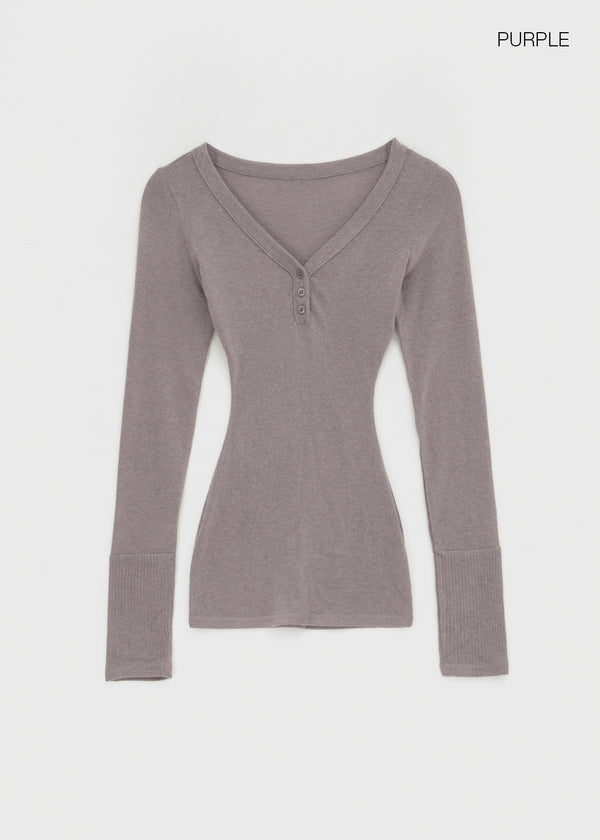 Aesra V-neck Button-down Wool Long-sleeved T-shirt