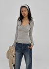 Aesra V-neck Button-down Wool Long-sleeved T-shirt