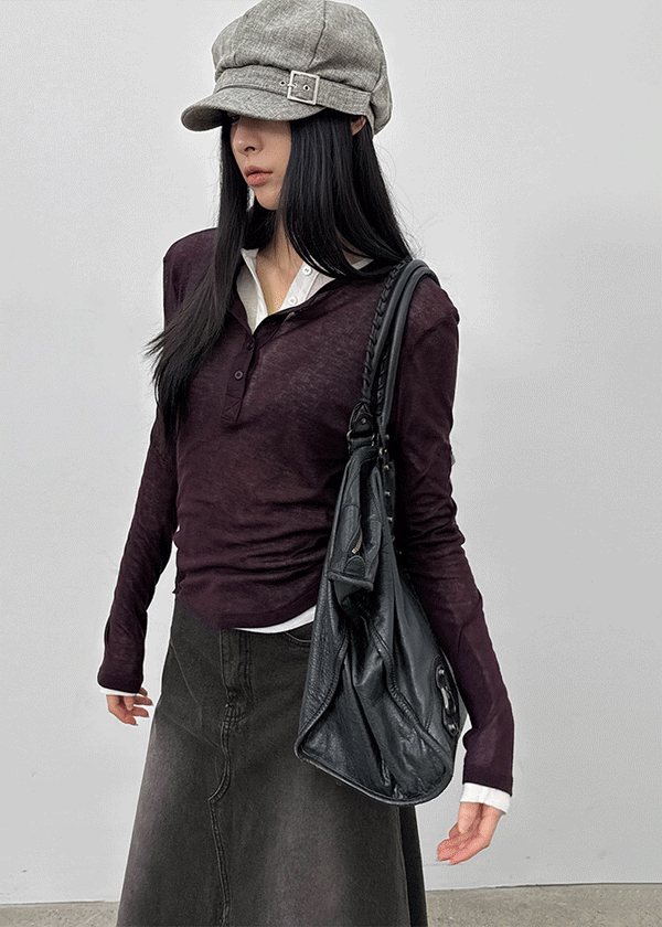 Delke Henley Neck Button Long Sleeve T-shirt (30% Wool)