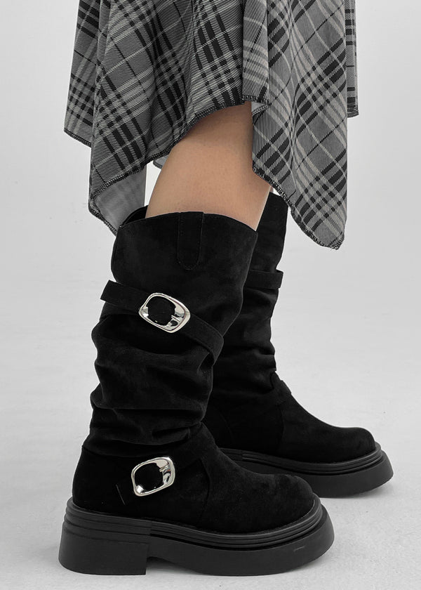 Beeoping Buckle Suede Long Boots