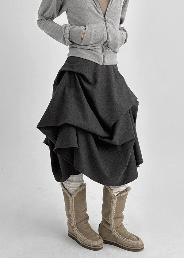 Nuken Unbalanced Shirring Wool Midi Skirt (35% Wool)