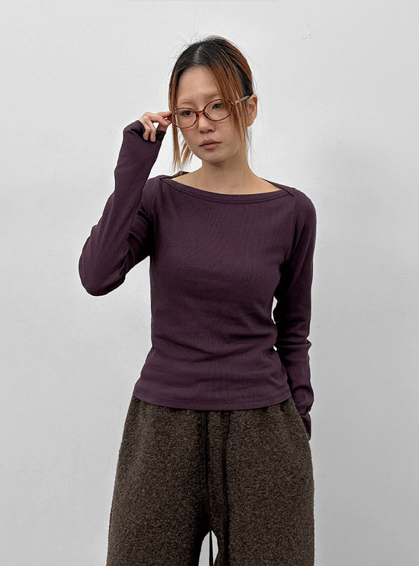 Shrint Boat Neck Ribbed Long Sleeve T-shirt