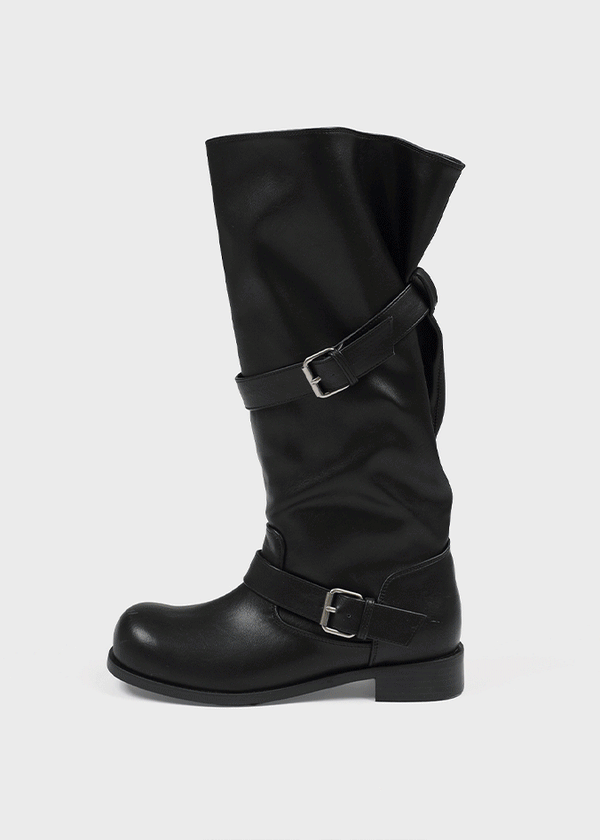 Herun Slouchy Buckle Leather Long Boots