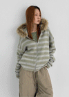 Combing Stripe Fleece Fur Hooded Zip-up