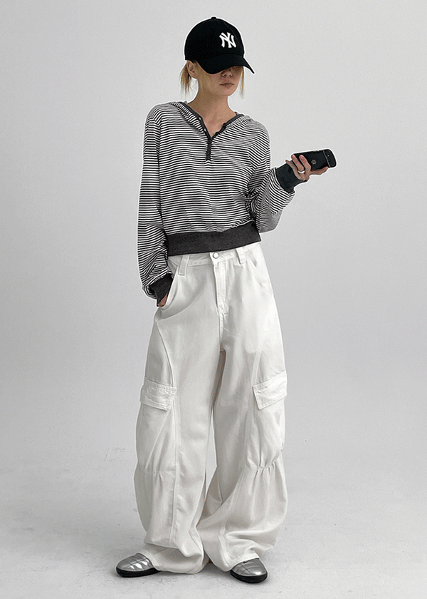 Rocker Henley Neck Striped Hooded Long Sleeve T-shirt