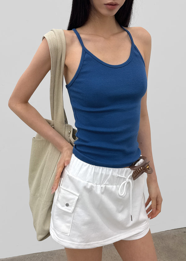 Pen-shaped Cross Strap Ribbed Halter Top