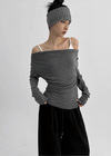 Pomnut Off-shoulder Drape Shirring Long Sleeve T-shirt