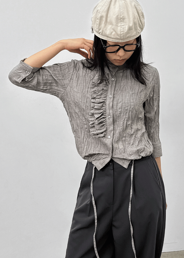 Zuk Wrinkle Pleated Linen 3/4 Length Blouse