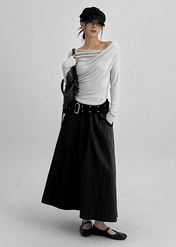 Parsley Rounding Unbalanced Shirring Long Sleeve T-shirt