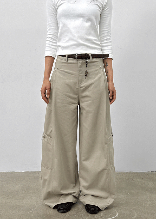 Dunda Incision Rivet Wide Cotton Pants (belt Set)