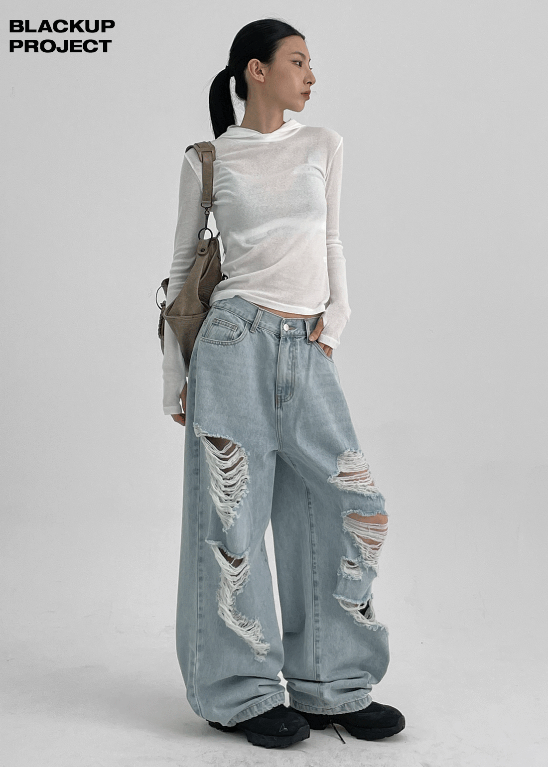 MADE] Porcelain Damaged Back Banding Denim Pants – BLACKUP