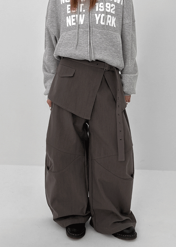 Mekoi Set - Eyelet Belt, Wrap Skirt, Wide Pants