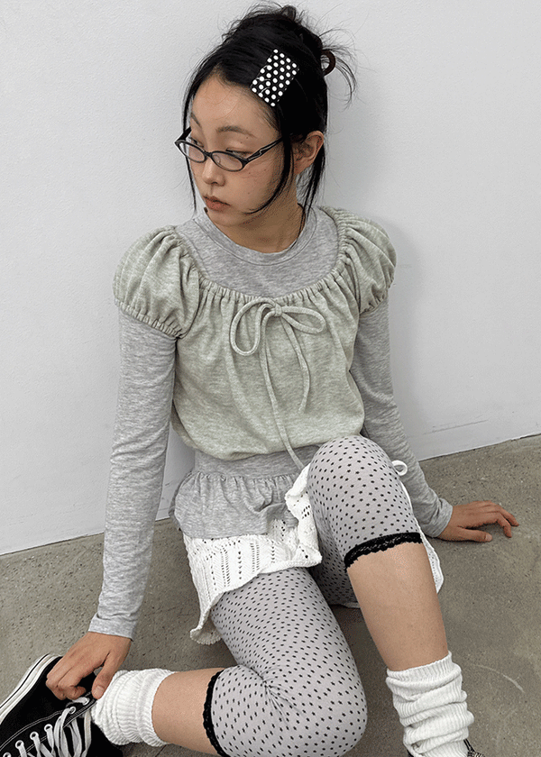 Ninning Set - Puff Short-sleeved T-shirt, Tension Frill Long-sleeved T-shirt