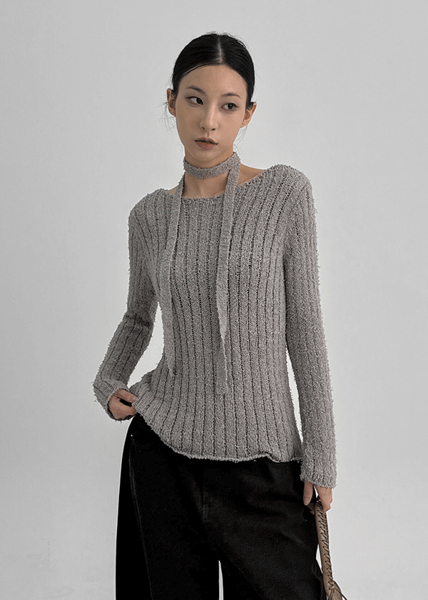 Rib Boatneck Knit Top & Muffler Set