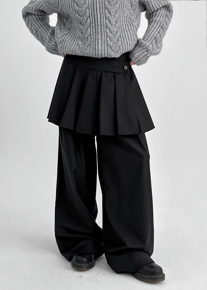 Paeli Set - Pleated Wrap Skirt, Pin-tuck Slacks – BLACKUP