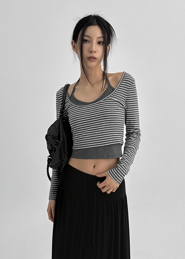 Popoa Set - Striped Long-sleeved T-shirt, Halter Top