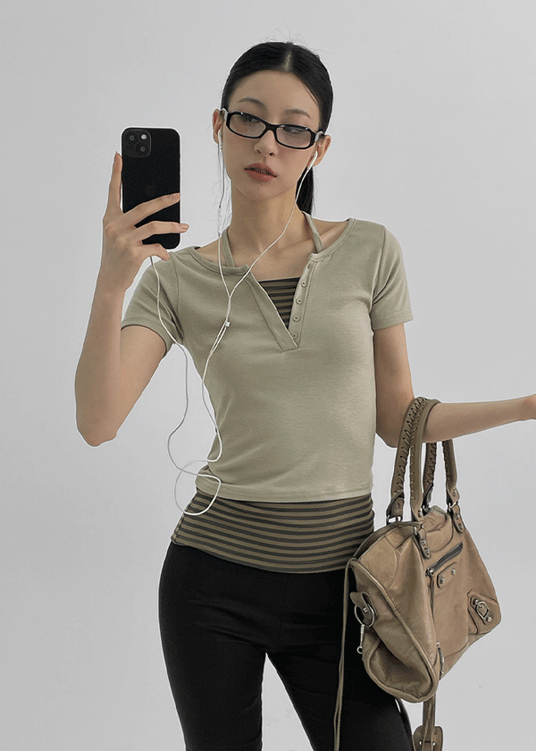 Bining Layered Stripe Halter Henley T-Shirt (S/S Ver.)