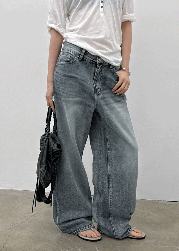 (UNISEX) Pichel Double Back Pocket Wide Denim Pants