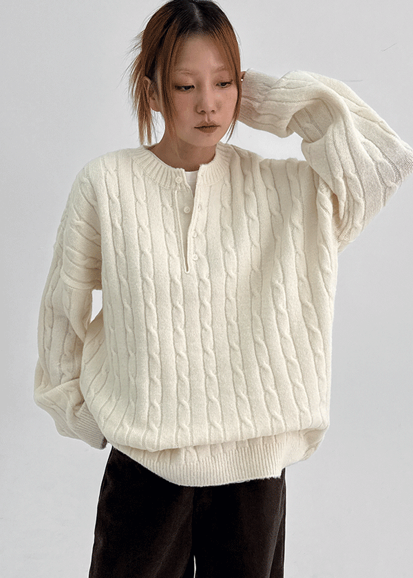 (UNISEX) Nyanyong Cable Henley Neck Loose Fit Knit