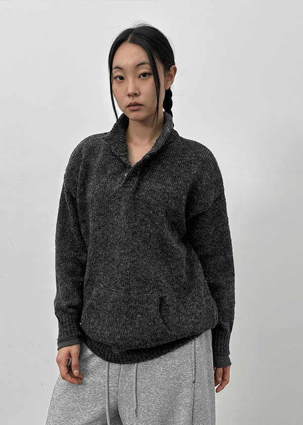 (UNISEX) Podo Bocashi Pocket Henley Neck Knit