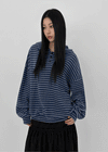 (UNISEX) Kenom Stripe Henley Neck Hooded Long Sleeve T-shirt