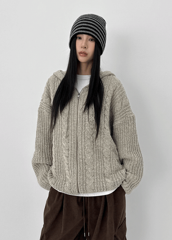 (UNISEX) Dote Cable Knit Hooded Zip-up