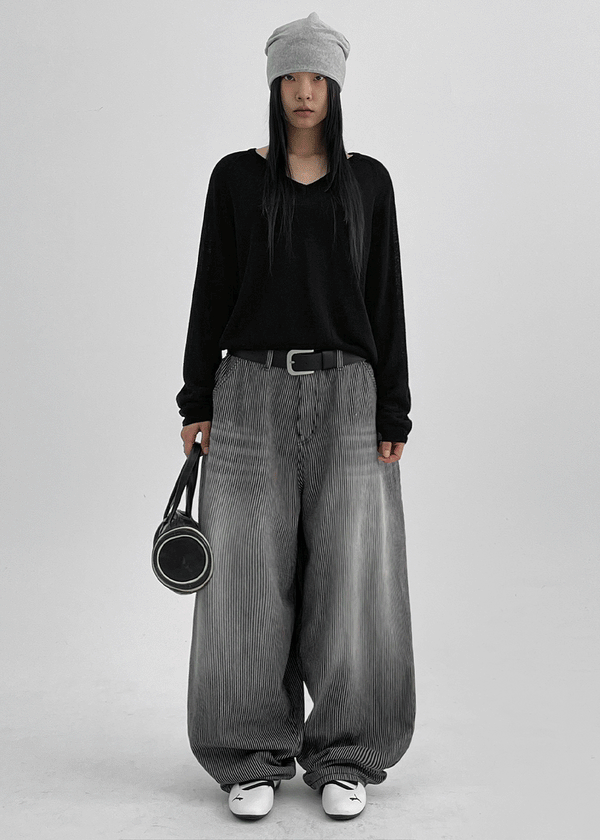 (UNISEX) Montton Stripe Wide Denim Balloon Pants