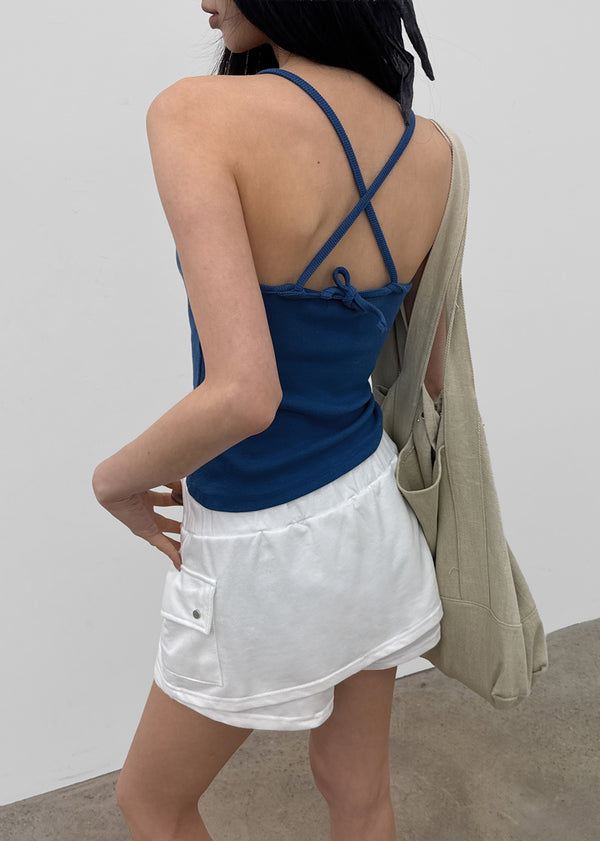 Pen-shaped Cross Strap Ribbed Halter Top