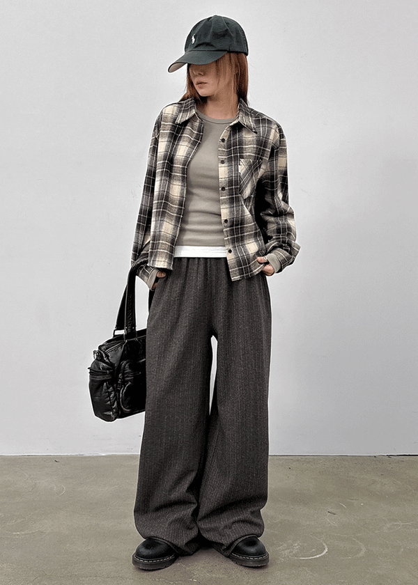 Hoto Peach Fleece Semi-crop Check Shirt