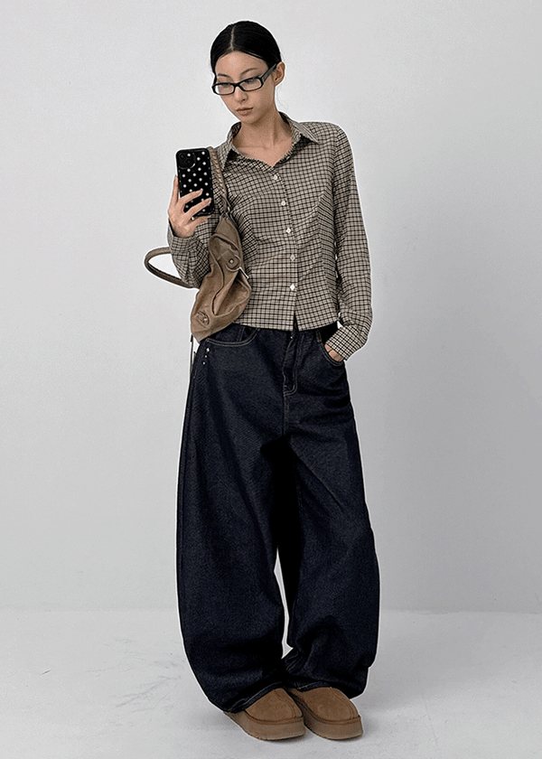 Beaver Two Studded Raw Balloon Denim Pants