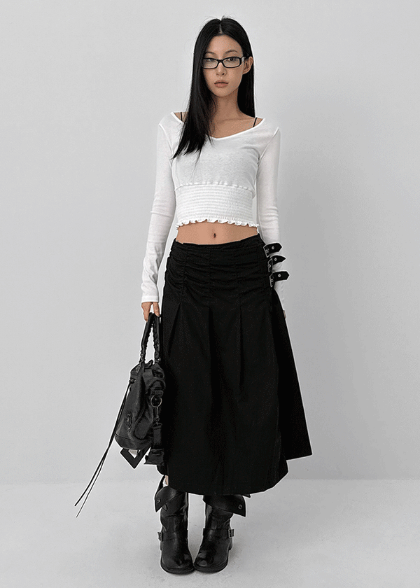 Monqua Buckle Wrap Pleated Midi Skirt